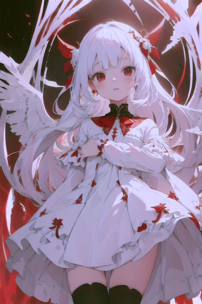 Beautiful illustrations, Highest quality, Cute girl, (Conversion Sequence), Transformation Magical Girl, Little, White Magical Girl, Fractal Art, albino, Baby Face, Long pure white red mesh hair, Beautiful and detailed red eyes, Cinema Lighting, Cowboy Shot, View your viewers, From below, Happy