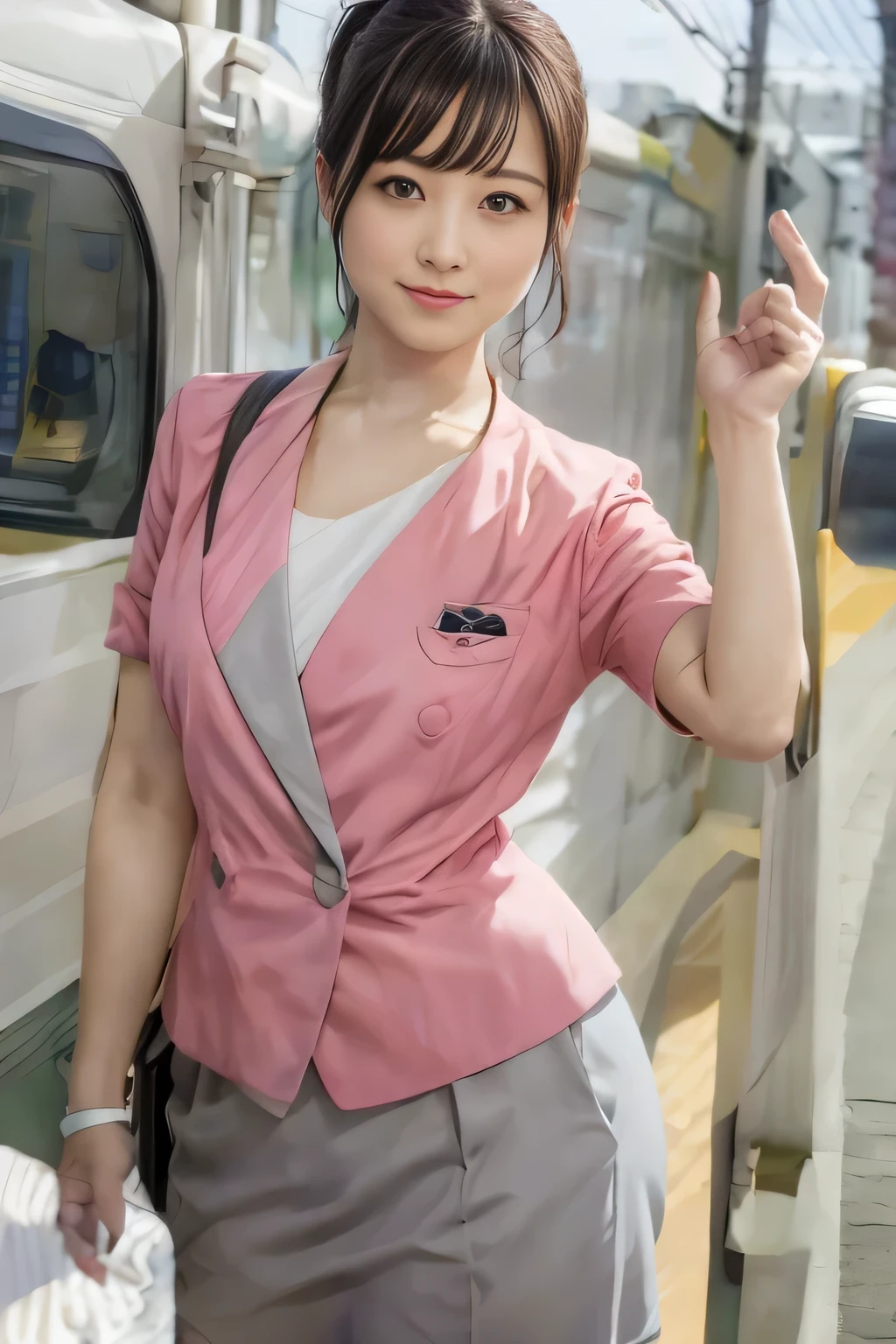 (masterpiece:1.2, Highest quality:1.2), 32k HDR, High resolution, (alone、1 girl)、 (Height: 160cm)、(On the rooftop of a building in the daytime、Professional Lighting)、Building rooftop background、(Nankai train crew uniform pinkを着たリアルスタイル)、(Nankai train crew uniform pink short sleeve collarless pink jacket、Nankai Train Crew Uniform Pink Collarless Short Sleeve Blouse、Nankai Train Crew Uniform Pink Grey Knee-length ttes)、(The pink jacket is showing from the culo.)、Dark brown hair、(Hair tied up、ed up、Eveninghairstyle)、Dark brown hair、Long Shot、Big Breasts、Thin legs、ds:2.0)),((Harmonious body proportions:1.5)),((Normal limbs:2.0)),((Normal finger:2.0)),((Delicate eyes:2.0)),((Normal eyes:2.0)))、smile、(Nankai Train Crew Uniform Pink Grey Knee-length Culottesを見せた美しい歩く姿)、Place your haaround your stomach、Lanyard employee ID card