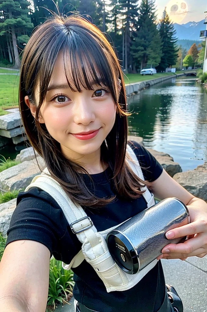 1 female((Upper body selfie, Happy)), masterpiece, Highest quality, Super detailed, alone, Outdoor, (night), Mountain々, nature, (performer, moon) Hilarious, Happy, Backpack, sleeping bag, Camping stove, Water bottle, Mountain boots, gloves, sweater, Have, flashlight, forest, rock, river, wood, cigarette, Shadow, Contrast, sunny, Analog Style (View the viewer:1.2) (Skin Texture) (Film Grain:1.3), (Warm shades, Warm Tones)