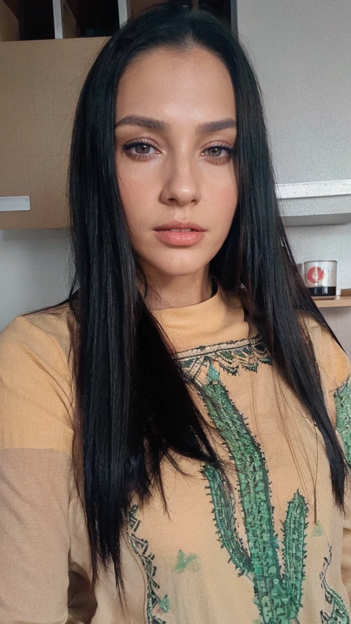 I want you to create a woman with a dark brunette, medium height, weighing 65 kilos, black eye color, very long black hair, long, well-made red nails, businesswoman working with a notebook, white blazer and trousers, a chic, modern and very well-groomed woman white blouse with a medium collar in a work office