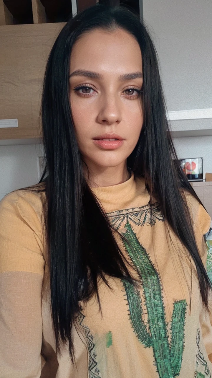 I want you to create a woman with a dark brunette, medium height, weighing 65 kilos, black eye color, very long black hair, long, well-made red nails, businesswoman working with a notebook, white blazer and trousers, a chic, modern and very well-groomed woman white blouse with a medium collar in a work office