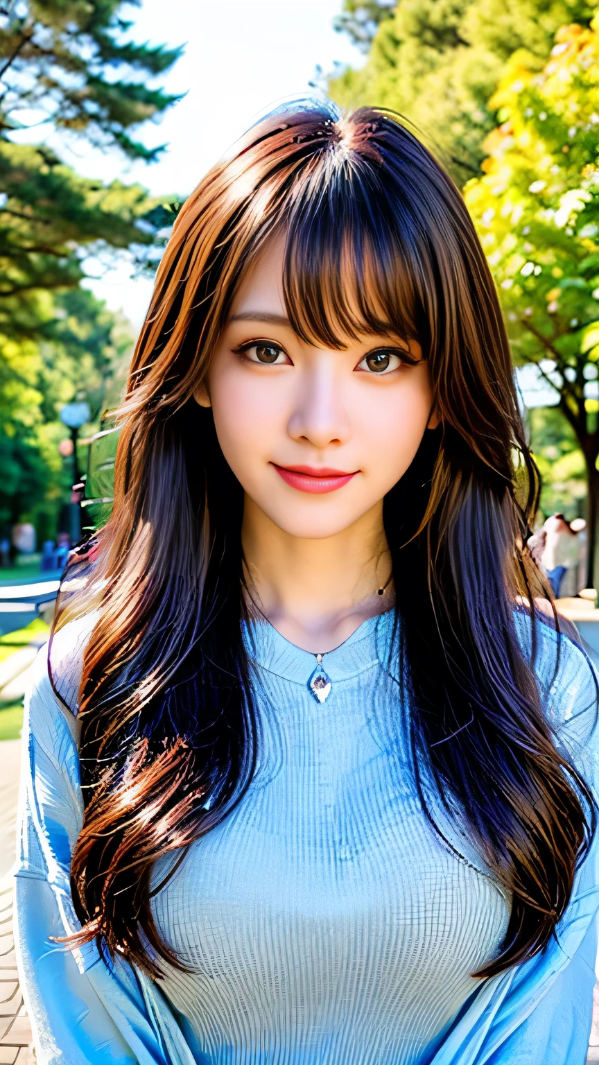 seed:4195271995,((Full Body Angle:1.1)),((Highest quality, 8K, masterpiece: 1.3)), concentrated: 1.2,Front hair:1.3, Cute girl 1,Nipples erect、 Perfect beauty: 1.4,Colorful ribbed knit half-zip T-shirt、Shorts,: 1.2,Randall Color、comics&Text Graphics、Black,1.1, Highly detailed face and skin textures, Fine grain, double eyelid, whitening skin, ,Highest quality,Ultra-high resolution,you,1 girl,alone,_Shiny_skin,Iris,necklace,((brown_length_Wavy_hair)),(lips)),eyelash,Front hair,deal with,compensate,Shiny,pore,skin big breasts、(smiling face)、Front hair、Walking in the park、walk