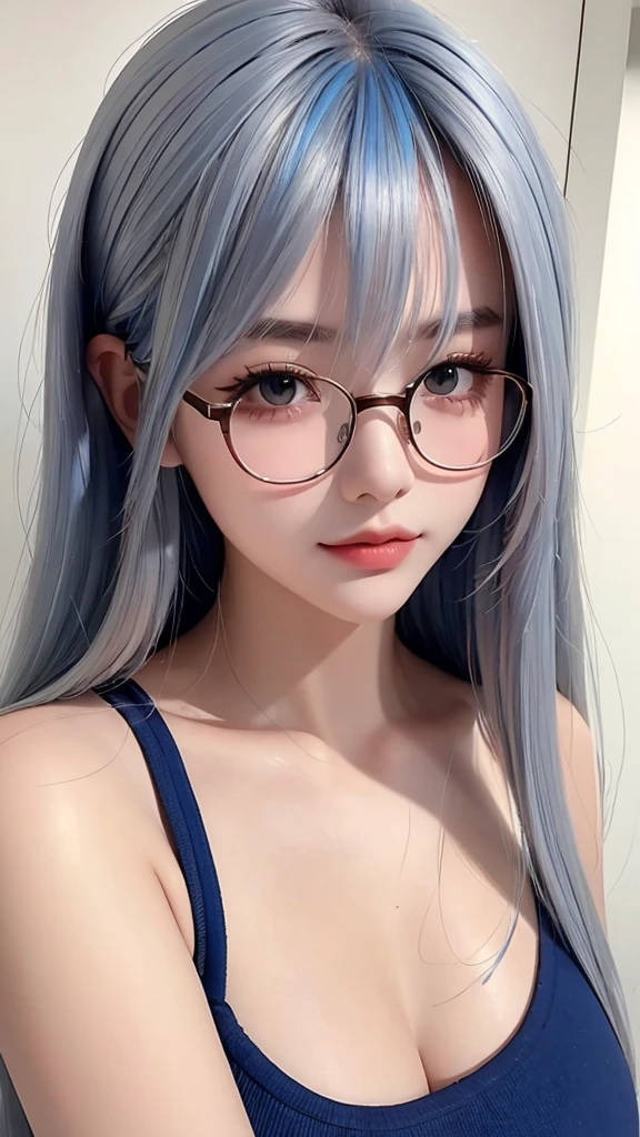 ((Idle level girl)), masterpiece, Highest image quality, Ultra Detailed, (Perfect body:1.3), (Perfect face+Glasses+Messy hair+Blue hair with gray bob hair), closure, Viewer&#39;the opinion of, she bent down，attract the audience&#39;s concern。Detailed hair,A bright smile、Delicate blue eyes, (lifelike eyes),Professional lighting,huge and saggy breasts, 