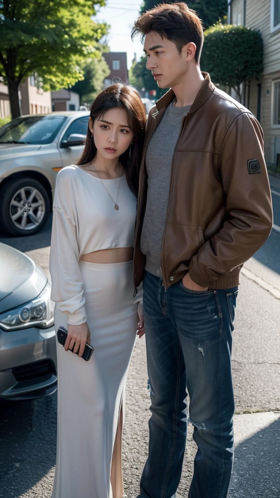 Alex receives news of his family's car accident, and they part waysAlex is holding a phone, with a shocked and distressed expression on his face. Lisa stands beside him, her eyes filled with worry and concern. The background is a quiet small-town street.