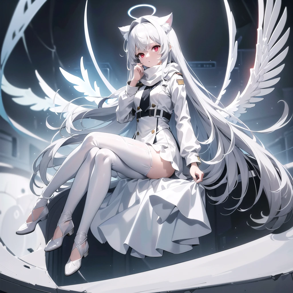 masterpiece, highest quality, highest resolution, clear_image, detailed details, White hair, long hair, cat ears, one girl, red eyes, white pantyhose, sci-fi military clothing, white scarf (with a light blue glow), gray futuristic halo (gray halo over the head), white wings (4 wings), cute, full body, no water marks