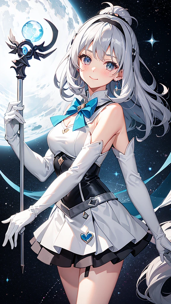 Magical girl Grey sexy costume Grey medium hair mini skirt No sleeve Long gloves Headband blush smile standing facing this way universe space