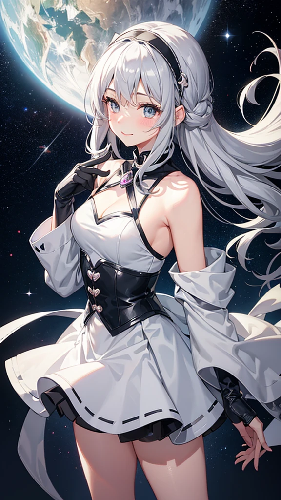 Magical girl Grey sexy costume Grey medium hair mini skirt No sleeve Long gloves Headband blush smile standing facing this way universe space