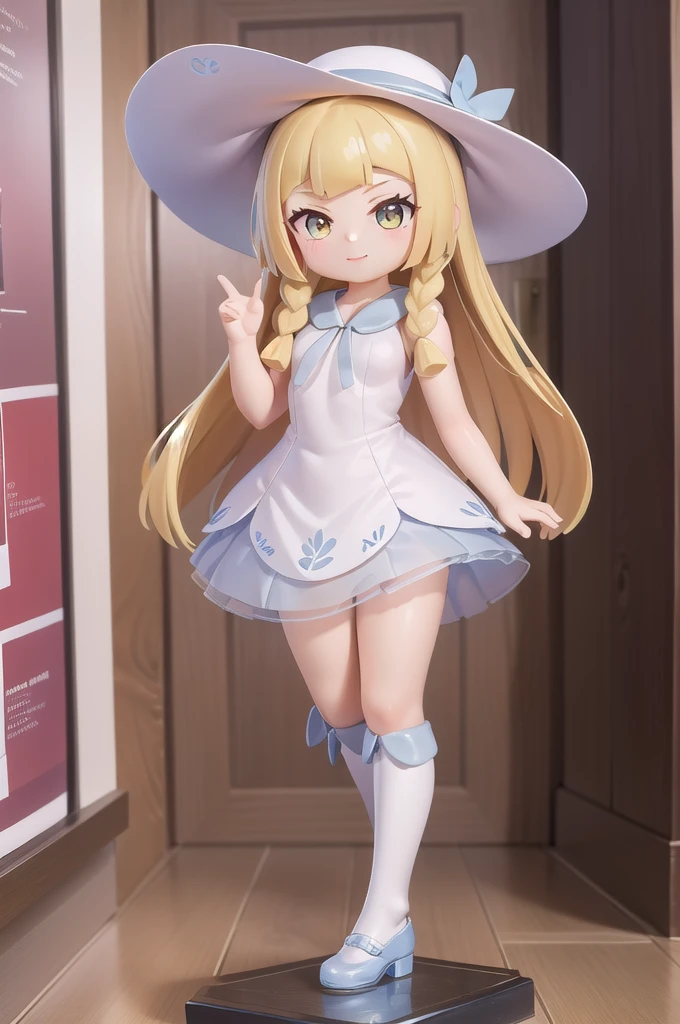 masterpiece, Highest quality,Super detailed, One girl, .Nendoroid,smile, lillie, big hat, white hat, indoor, braid, study, Full body image, pedestal