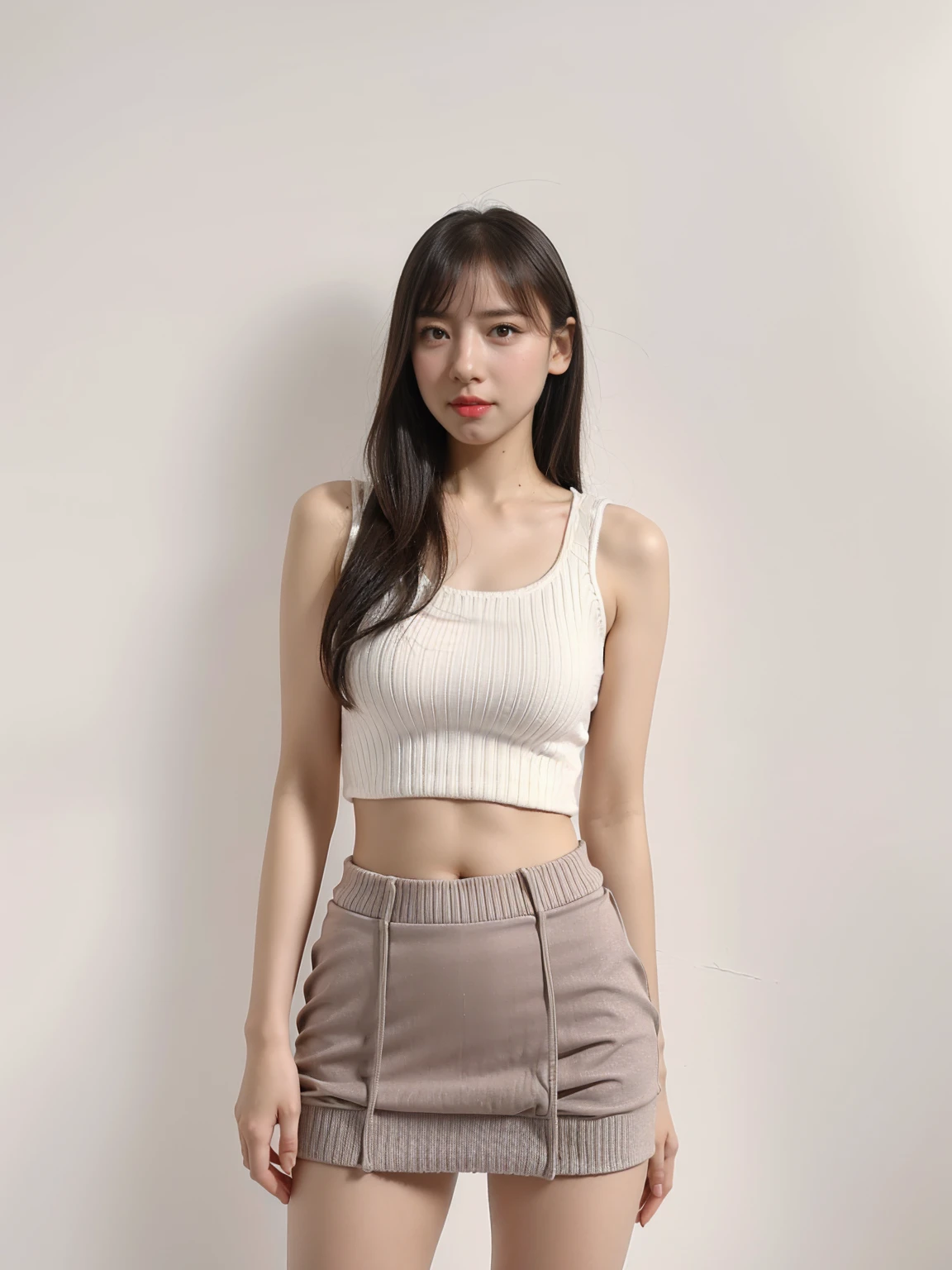 1 girl, masterpiece, highly detailed, simple wall background, (163cm model body shape), beautiful face, young, slender body, thick thighs, seductive, wearing knit tank top, short skirt.