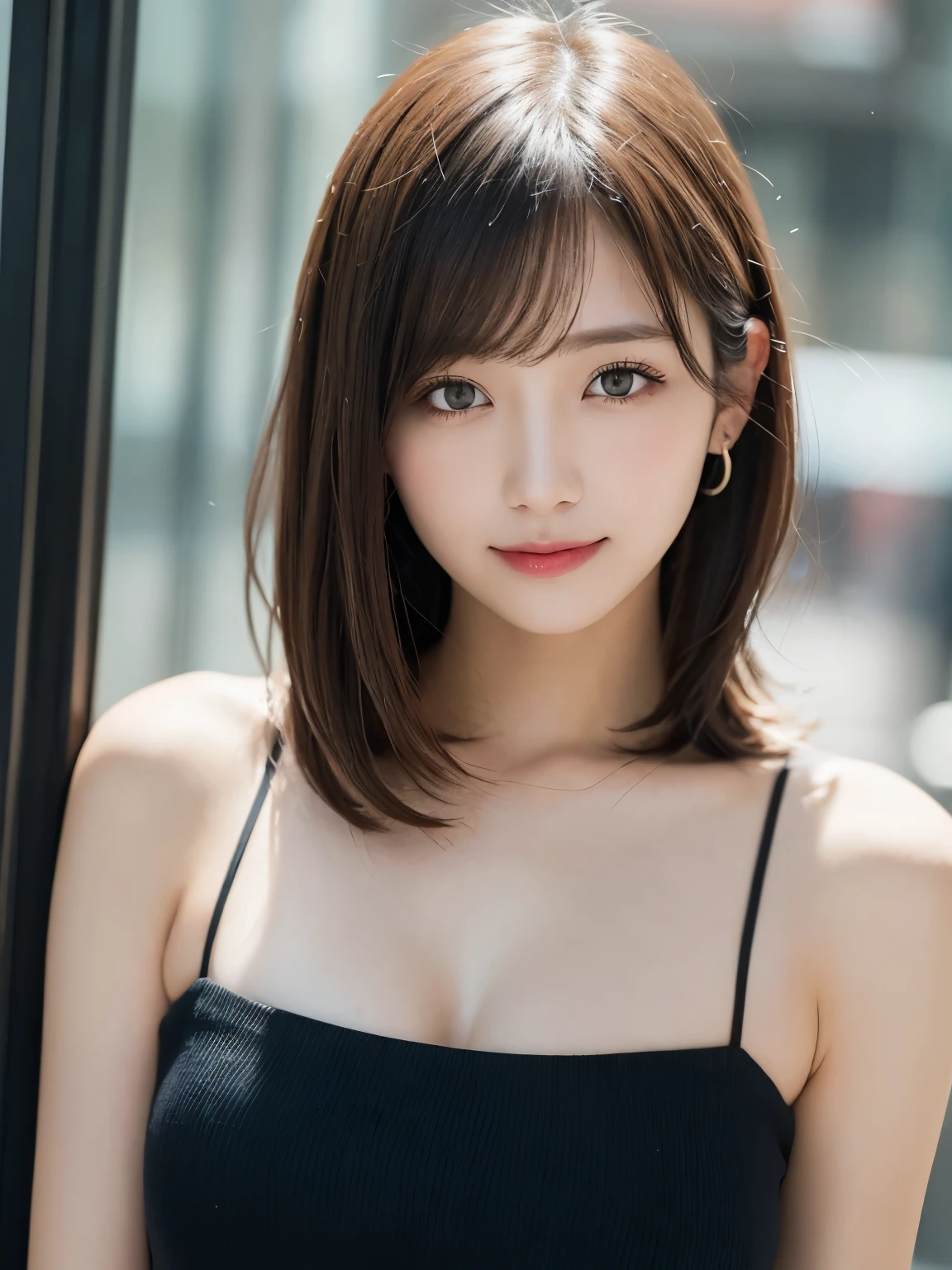 masutepiece, Best Quality, Illustration, Ultra-detailed, finely detail, hight resolution, 8K Wallpaper, Perfect dynamic composition, Beautiful detailed eyes, doress, short Hair, mid-chest, Natural Color Lip, Random and sexy poses,Smile, Blurred white background、20 years girl、Colossal 、Too much exposure、No shoulder dress(black)、Exposing the chest、Slid、I keep my hair tied up