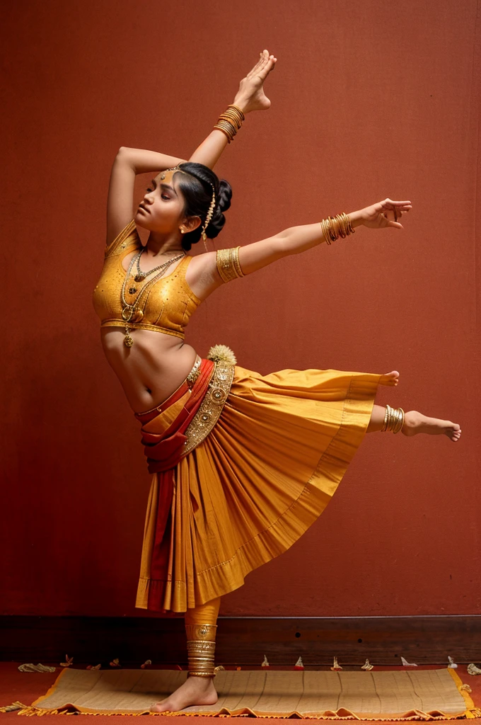 A feet with ghungroos and indian musical instruments around it. The feet should be in a dance position of bharatnatyam. Backdrop should be a vintage red and ochre background