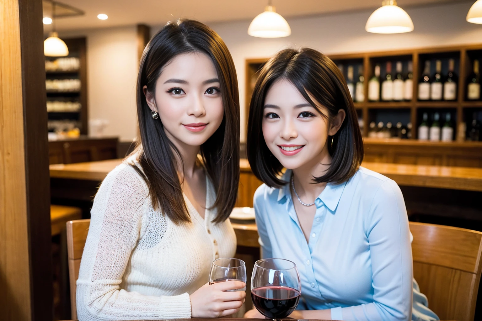 ((Highest quality、8K、masterpiece:1.3))、1 male、1 woman who resembles Satomi Ishihara、Couple、spouse、Couple、The body is slim、((Bob Hale、Straight hair:1.2)), (Realistic, Intricate details:1.2), テーブルの上のwine glass、Put the light on your face、 Amazing view of the sunset sky and clouds、Amazing mountain views、A bright smile、The wonderfulness of smile、Bright image、The beauty of wine, Beautiful Face, blue eyes, The light shines on your face, Blushing, short hair,Bright Face、42 years old), 39 years old, red wine 、Appetizers、Italian food、Wine bottle、Champagne、sparkling wine、Two beauties、Brown Hair、Shortcuts、Long sleeve shirt、dress、Beautiful woman 1, (slimな顔), (The body is slim), (Brown Hair), (Shortcuts), cheeks turn a little red,Attractive beauty、restaurant, In a prominent place (From the waist up) Nova Frog Style, actress, model, Upper Body, White wine, slim, wine glass, 中央に置かれたwine glass, smile, (smile: 1.15), Beautiful fine grain, Depth f/2,saturation, High Contrast, Strong light and shadow,Moist Body:1.5、3D texture、Delicate eyes、Brown Hair、The hair is very shiny、