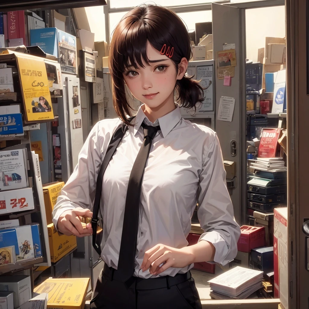 masterpiece, best quality, ultra-detailed, illustration, epic lighting, cinematic composition, isometric, 1girl, solo, cute, brown eyes, black hair, swept bangs, single sidelock, red hairclip, white collared shirt, black necktie, black pants, formal, enchanting gaze, captivating pose, indoors, office, door, opening door, looking at viewer, peeking out upper body, blush, seductive smile, closed mouth,(8k:1.1),