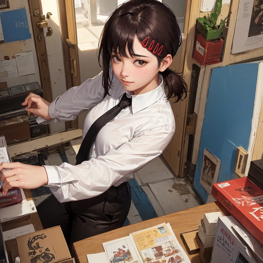 masterpiece, best quality, ultra-detailed, illustration, epic lighting, cinematic composition, isometric, 1girl, solo, cute, brown eyes, black hair, swept bangs, single sidelock, red hairclip, white collared shirt, black necktie, black pants, formal, enchanting gaze, captivating pose, indoors, office, door, opening door, looking at viewer, peeking out upper body, blush, seductive smile, closed mouth,(8k:1.1),