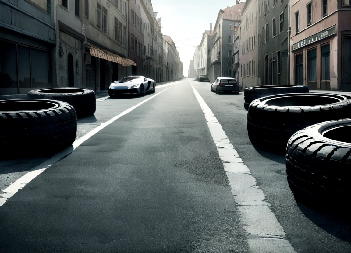 Tyres on the road next to car, somewhere in east europe, advert like scenerio, focus on tyres,