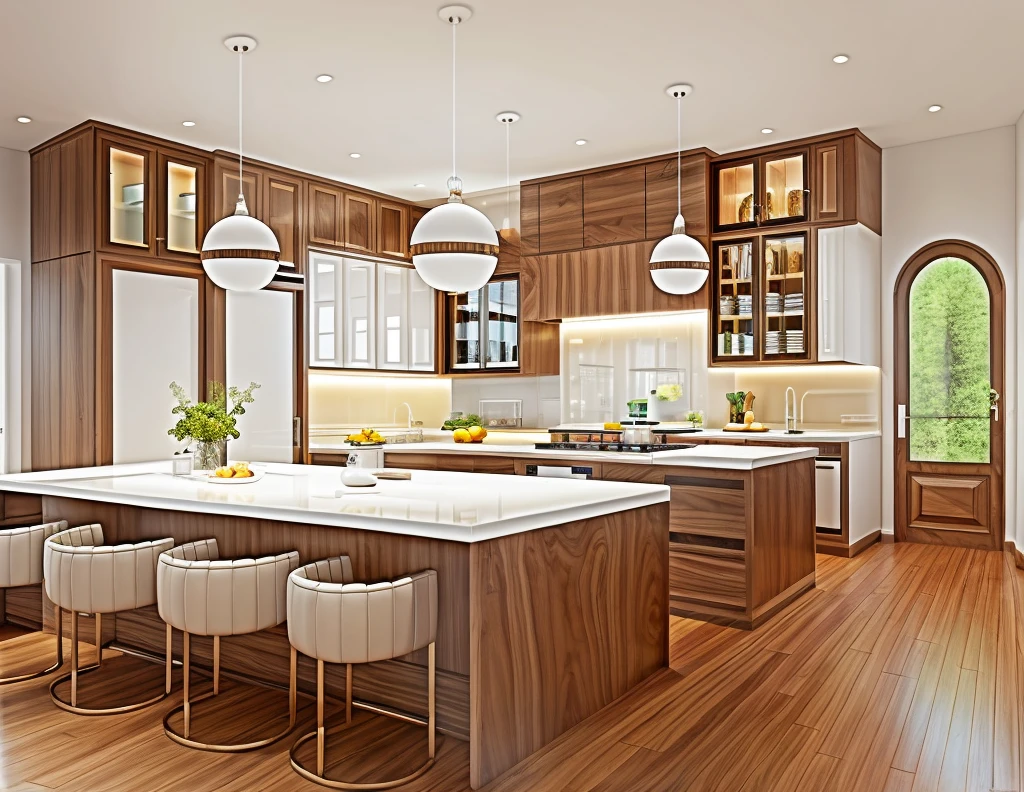 minimal kitchen interior, walnut panel and white panel rough-hewn material, exposured wood, stucco wall, tiled floor, refrigerator, cozy lighting