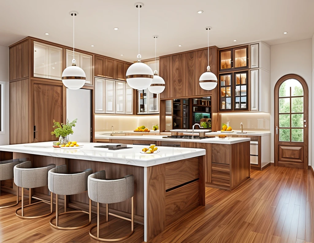 minimal kitchen interior, walnut panel and white panel rough-hewn material, exposured wood, stucco wall, tiled floor, refrigerator, cozy lighting