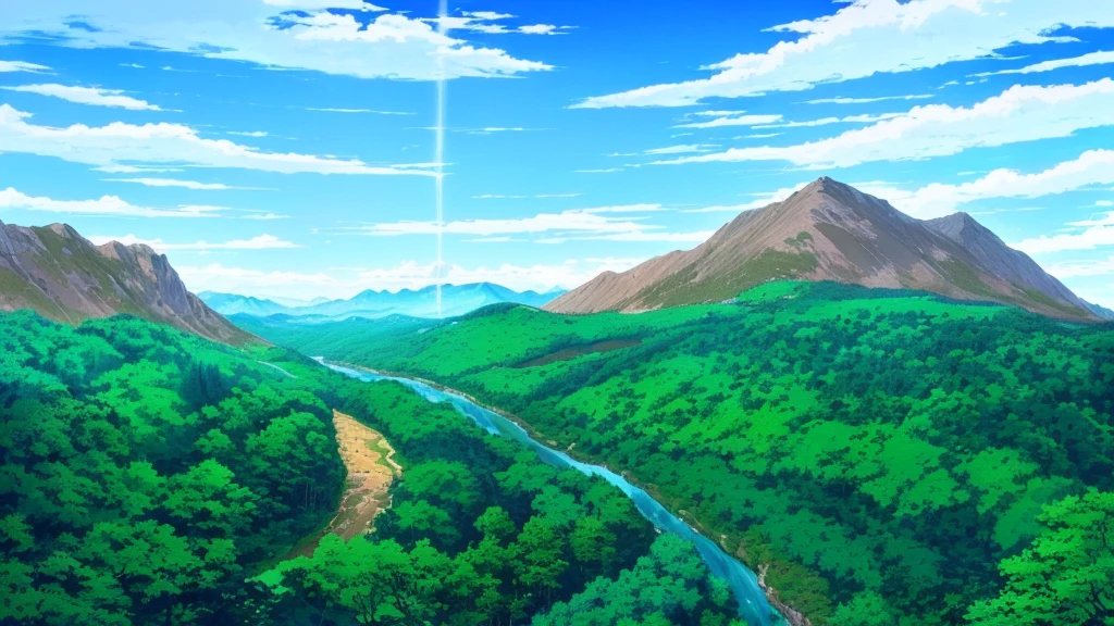 A river flowing through a lush green forest,Painting with a mountain in the background, Anime rural scenery, Anime Landscape, Anime Landscape, beautiful Anime Landscape, Anime Landscape wallpaper, Anime beautiful peaceful scene, Anime Background art, Anime Nature, Distant forest, Anime Nature wallpap, Detailed scenery —width 672, Overlooking the vast and peaceful forest, Anime Background