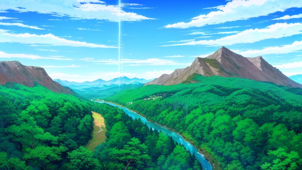 A river flowing through a lush green forest，Painting with a mountain in the background, Anime rural scenery, Anime Landscape, Anime Landscape, beautiful Anime Landscape, Anime Landscape wallpaper, Anime beautiful peaceful scene, Anime Background art, Anime Nature, Distant forest, Anime Nature wallpap, Detailed scenery —width 672, Overlooking the vast and peaceful forest, Anime Background