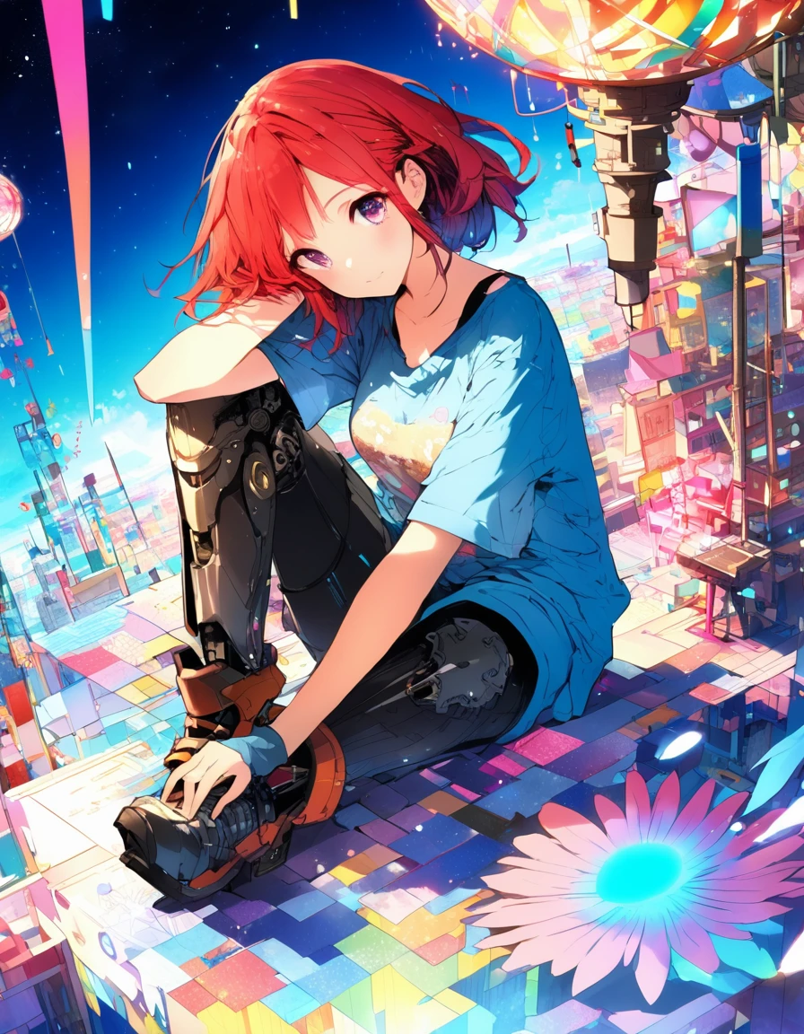 extremely clear 8K wallpaper, extremely delicate and detailed face:1.3, absurdres, masterpiece, pixiv contest winner, by Demizu Posuka, isometric, focus on ground, A colorful and dreamy anime-style illustration of a young girl with short red hair, sitting a vibrant, mechanical landscape., She is wearing a casual outfit with mechanical leg armor, surrounded by a zentangle kaleidoscope of colors and glowing lights., The background is filled with whimsical details and a magical atmosphere.,