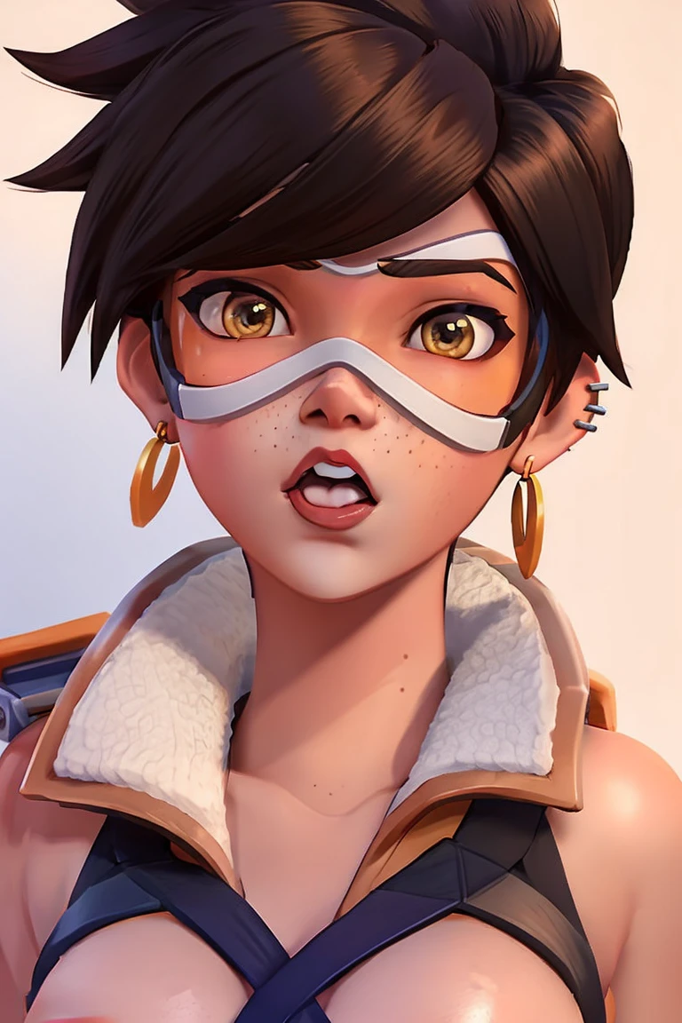 VHS cover for a porn starring tracer. hoop-earings. open mouth. tongue. tongue out. drool. drooling. looking at viewer. sexy pose. naked. nude. slut. small_boobs. freckles. pornstar nsfw