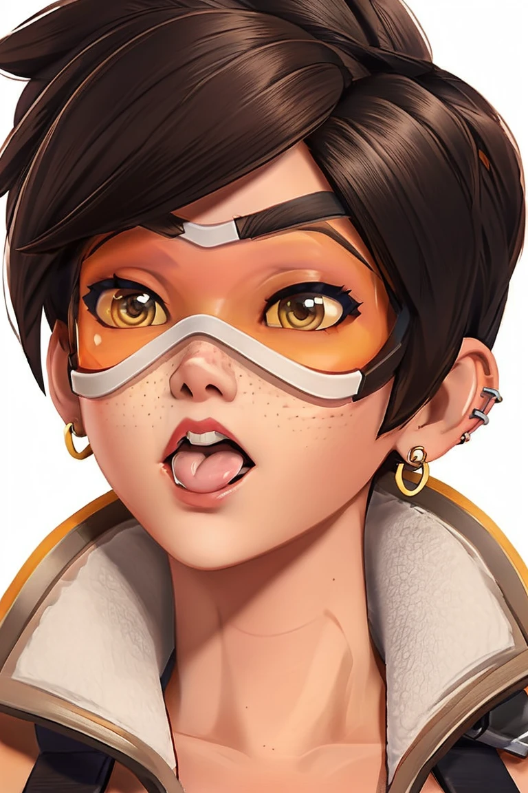 VHS cover for a porn starring tracer. hoop-earings. open mouth. tongue. tongue out. drool. drooling. looking at viewer. sexy pose. naked. nude. slut. small_boobs. freckles. pornstar nsfw