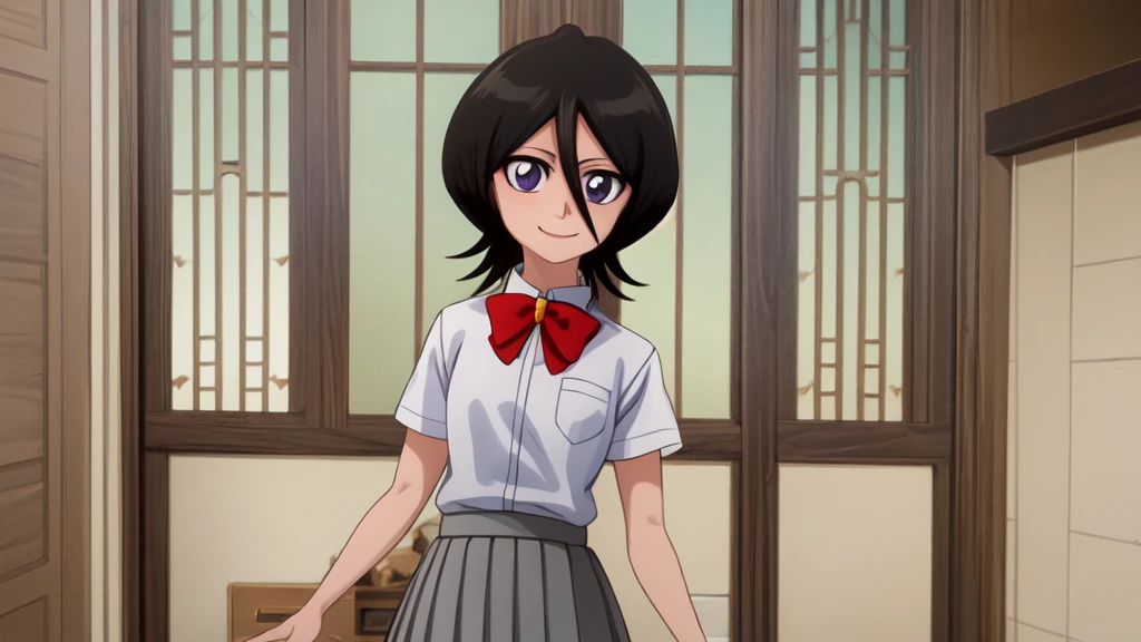 ((Highest quality)), ((Very detailed)), Very detailed顔, Beautiful Face, , (One girl), Cowboy Shot, Rukia, Black Hair, short hair, Hair between the eyes, Purple eyes, Small breasts, smile, , White collared shirt, Red bow tie, Grey pleated skirt, shoes下, shoes, (indoor, At the front door)