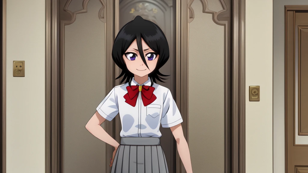 ((Highest quality)), ((Very detailed)), Very detailed顔, Beautiful Face, , (One girl), Cowboy Shot, Rukia, Black Hair, short hair, Hair between the eyes, Purple eyes, Small breasts, smile, , White collared shirt, Red bow tie, Grey pleated skirt, shoes下, shoes, (indoor, At the front door)