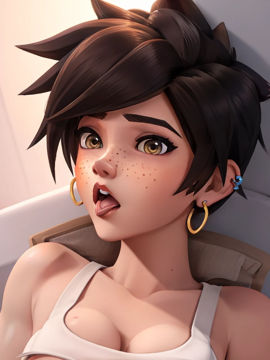 VHS cover for a porn starring tracer. hoop-earings. open mouth. tongue. tongue out. drooling. looking at viewer. sexy pose. naked. nude. slut. small_boobs. freckles. pornstar nsfw