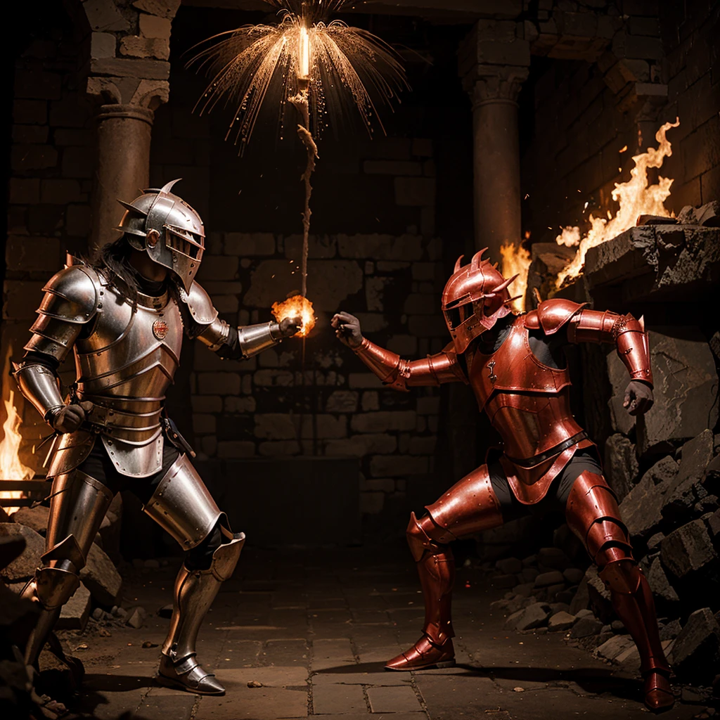 A knight in magma armor fights a dragon