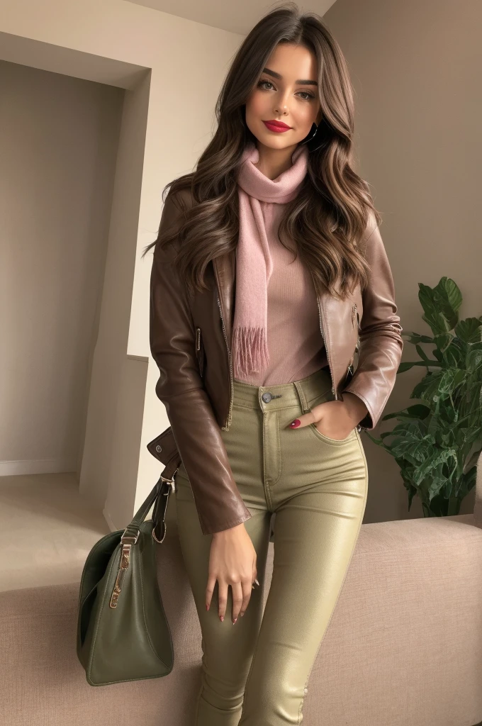 Photorealistic, best quality, hyper detailed, full-body picture. Gorgeous, pretty, warm-hearted, kind-hearted, good-hearted, stunning, cheerful, sweet, polite, sensitive, sensible, shiny, charming, alluring, dreamy, graceful, classy, stylish, flowing quite long brown haired armenian woman with the cutest face, skin, soft make-up, red lipstick, she is wearing a olive leather jacket, skinny denim trousers, a beige sweater, riding boots, and a pink scarf.
