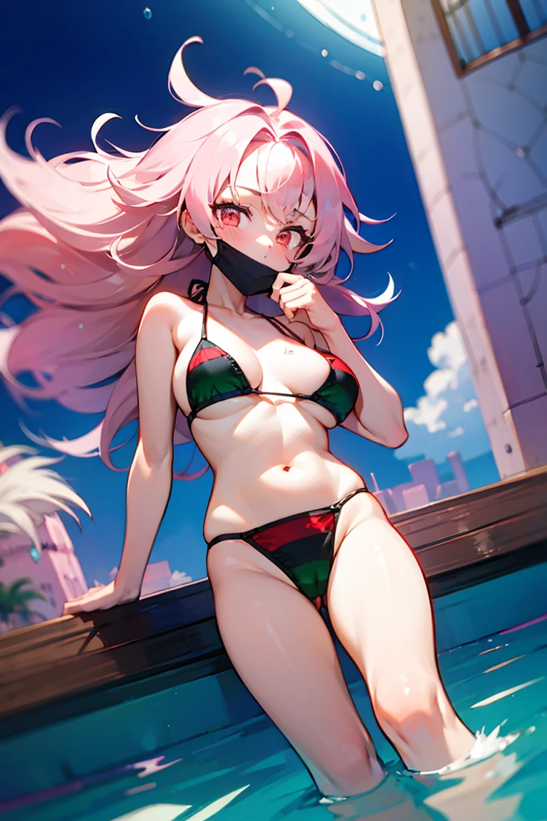 paf_bikini, dark, ad, [[[freckles]]], , fashion show, cameltoe  feathered hair, 1girl, solo, pool, clear water, underwater highlights, water highlights, long tousled hair, spiky hair, tousled hair, pink tousled hair, big hair, pale skin, medium breasts, navel, belly, mouth masl, mask_pull, mouth mask pull, cute style, thick line lines, red orange eyes, water drops, palm branches, sky, night, qoueen of spades symbol, qoueen of spades, tatto, queen of spades tatto, qos
