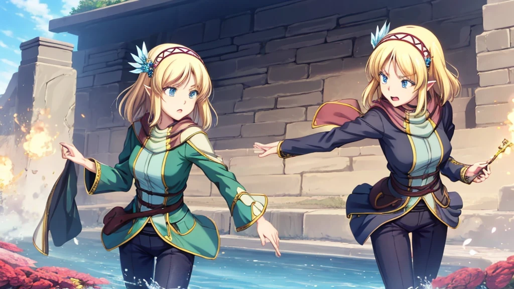 Anime girl holding flowers, Cute anime waifu in a nice dress,  In a dress, I deny that, Official Art, Anime Princess, , Beatrice Blue, Zerochan Art, Royal elegant pose, Official Artワーク, Splash art anime , irritating, Kshat Krentz Key Art Female, Detailed fan art, Beautiful age girl, , One girl, Cayna, Blonde, short hair, blue eyes, hair ornaments, Very pointy ears