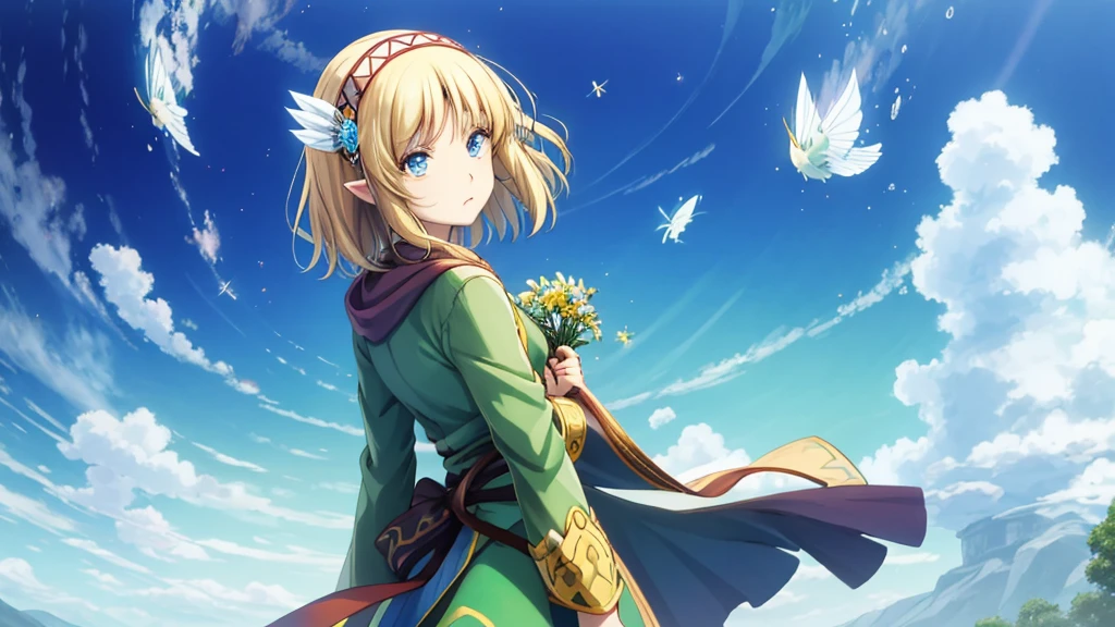 Anime girl holding flowers, Cute anime waifu in a nice dress, In a dress, I deny that, Official Art, Anime Princess, , Beatrice Blue, Zerochan Art, Royal elegant pose, Official Artワーク, Splash art anime , irritating, Kshat Krentz Key Art Female, Detailed fan art, Beautiful teenage girl, , One girl, Cayna, Blonde, short hair, blue eyes, hair ornaments, Very pointy ears