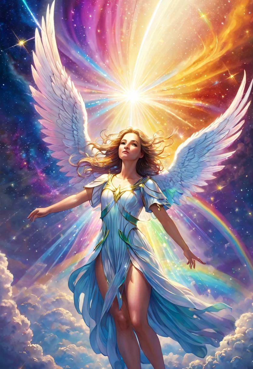 Beautiful female angel protecting the earth, guardian angel, shooting star, rainbow colored light