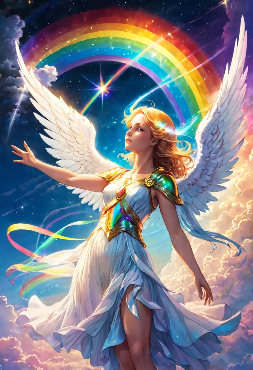 Beautiful female angel protecting the earth, guardian angel, shooting star, rainbow colored light