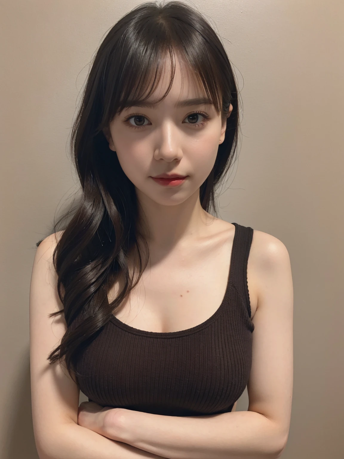 (best quality:1.4), (ultra highres:1.2), (photorealistic:1.4), (16k, RAW photo:1.2),(portrait shot:1.3), bmangpor, 1girl, solo, medium hair, brown hair, crossed arms, knit tank top, natural big breast:1.3, full body:1.6