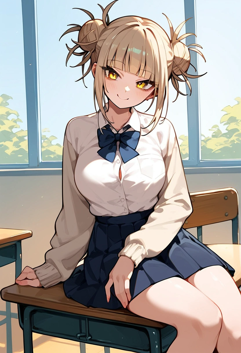 anime artwork, score_9, score_8_up, score_7_up, score_6_up, score_5_up, score_4_up, r,himiko toga, yellow eyes,, breasts, , big breasts, at school,, sit on desk,