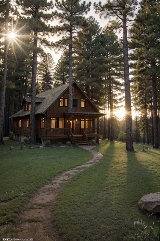 (8k, RAW photo, best quality, masterpiece: 1.2), (realistic, photorealistic: 1.37), design of a two-story country house, with a pine forest in the background, sunset, professional lighting, photon mapping