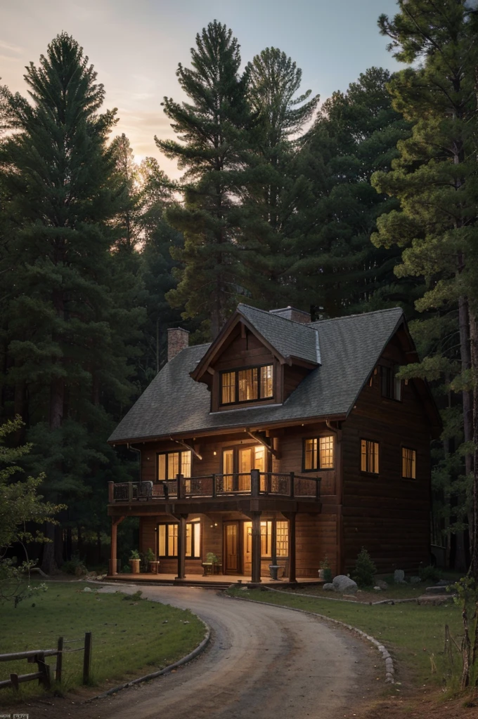 (8k, RAW photo, best quality, masterpiece: 1.2), (realistic, photorealistic: 1.37), design of a two-story country house, with a pine forest in the background, sunset, professional lighting, photon mapping