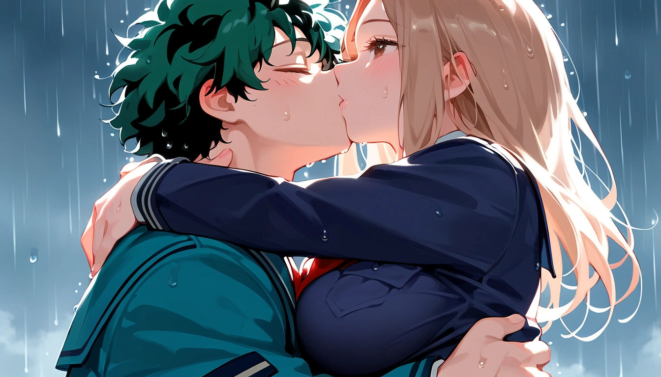anime artwork, score_9, score_8_up, score_7_up, score_6_up, score_5_up, score_4_up, r,Camie Utsushimi, light brown hair, dark brown eyes,, breasts, , big breasts,  (school uniform:1.2), standing, cap, she is 24 years old,   wet whirt, ,horny, , , ,  style_3, 1boy, Izuku Midoriya,  kissing,  outdoors, raining,  blush, wet, dark atmoshpere, They are completely soaked, evening, gaps in the clouds, his hands on her hips, hugging, close-up