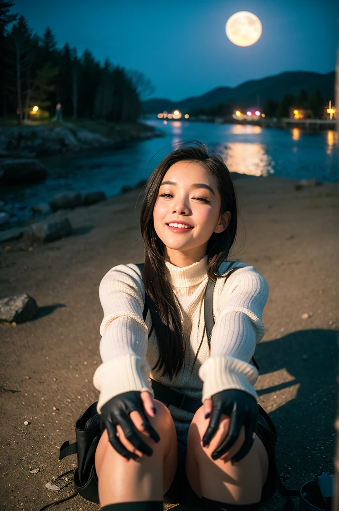 1 female((Upper body selfie, Happy)), masterpiece, Highest quality, Super detailed, alone, Outdoor, (night), Mountain々, nature, (performer, moon) Hilarious, Happy, Backpack, sleeping bag, Camping stove, Water bottle, Mountain boots, gloves, sweater, Have, flashlight, forest, rock, river, wood, cigarette, Shadow, Contrast, sunny, Analog Style (View the viewer:1.2) (Skin Texture) (Film Grain:1.3), (Warm shades, Warm Tones)