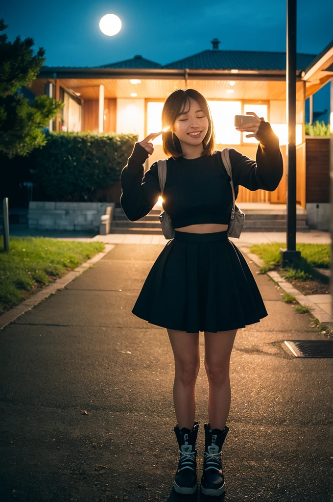 1 female((Upper body selfie, Happy)), masterpiece, Highest quality, Super detailed, alone, Outdoor, (night), Mountain々, nature, (performer, moon) Hilarious, Happy, Backpack, sleeping bag, Camping stove, Water bottle, Mountain boots, gloves, sweater, Have, flashlight, forest, rock, river, wood, cigarette, Shadow, Contrast, sunny, Analog Style (View the viewer:1.2) (Skin Texture) (Film Grain:1.3), (Warm shades, Warm Tones)