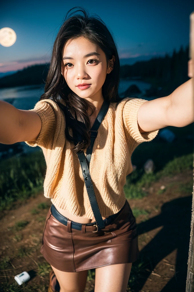 1 female((Upper body selfie, Happy)), masterpiece, Highest quality, Super detailed, alone, Outdoor, (night), Mountain々, nature, (performer, moon) Hilarious, Happy, Backpack, sleeping bag, Camping stove, Water bottle, Mountain boots, gloves, sweater, Have, flashlight, forest, rock, river, wood, cigarette, Shadow, Contrast, sunny, Analog Style (View the viewer:1.2) (Skin Texture) (Film Grain:1.3), (Warm shades, Warm Tones)