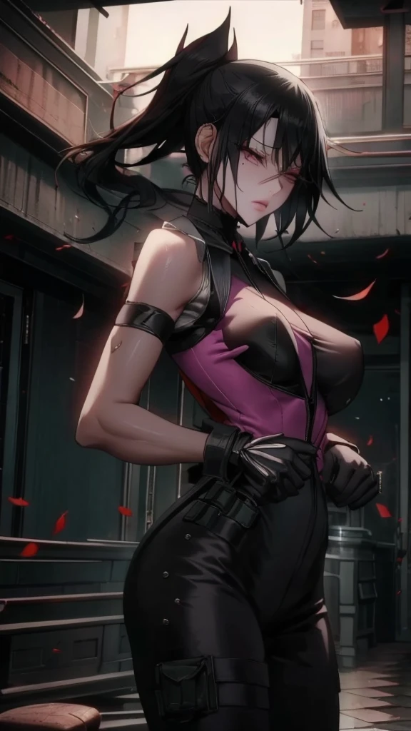 A beautiful woman named Bai Lu is dressed in a sleek and practical workout outfit, perfect for a survival game, inside a modern, abandoned building. The outfit includes a form-fitting, moisture-wicking top and durable, flexible leggings, designed for both comfort and mobility. She has sturdy, supportive running shoes, and her hair is tied back in a high ponytail to keep it out of her face. Accessories include fingerless gloves for better grip and a utility belt with small survival tools. The background shows a dimly lit, deserted hallway with broken windows, debris scattered around, and flickering lights, creating an atmosphere of danger and suspense. Bai Lu's expression is determined and focused, ready to face whatever comes her way in this survival scenario