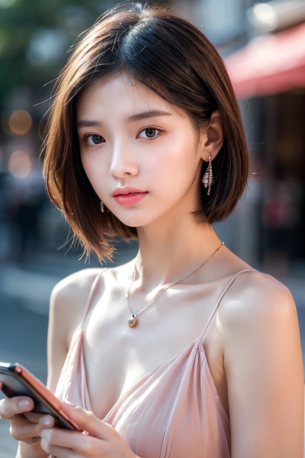 (((actual photography))),, portrait, Beauty，stunning face:1.3),, 1 Girl，Upper Body，beautiful girl, (Necklace，earrings，cell phone:1.1),（Short long hair，Fashion Dress）, , (眼睛看着cell phone，看着cell phone:1.5), (environmental details:1.3),, (original photo, CG Unity, photography, ultra actual details, sharp focus, Delicate skin,4K, High resolution, masterpiece, best quality, actual, energetic:1.2),, (8K,4K, Ultra high quality, High resolution, professional, Movie般的, Movie, Dramatic),, street