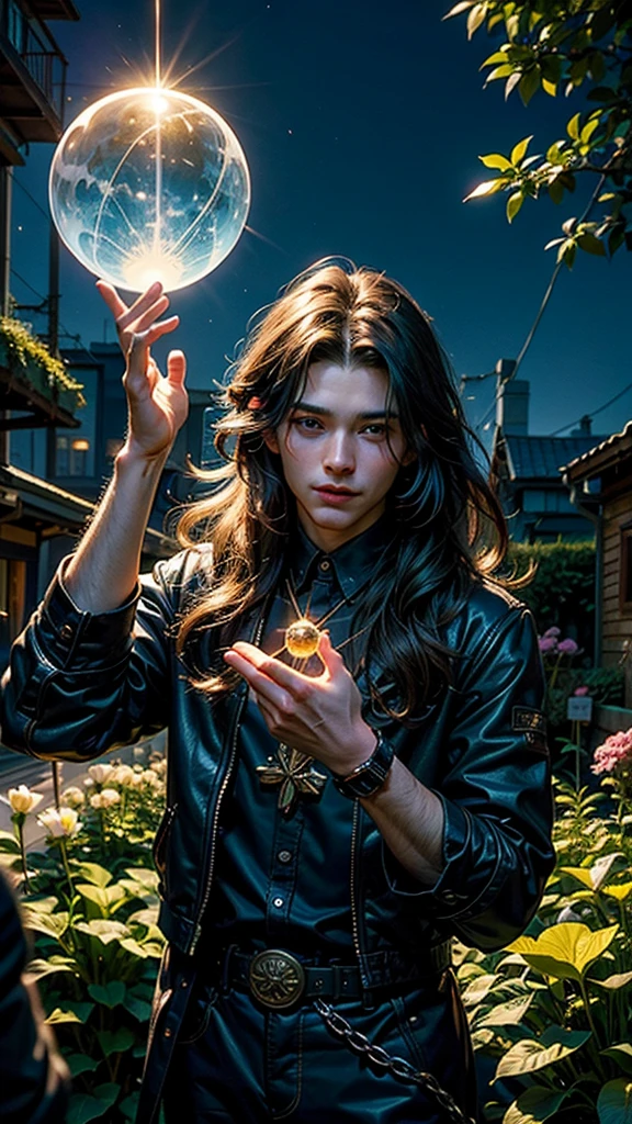 The Man Who Is Magical Ginny, 28 year old, The long-haired, Hold out a glowing orb, With lighting bolts from his fingers, Spring garden in the background, Daylight, The mood is working, resolute, convenient, Intelligent, Character Design.