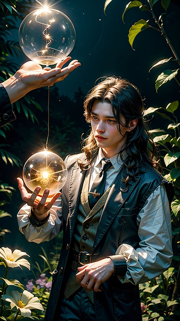 The Man Who Is Magical Ginny, 28 year old, The long-haired, Hold out a glowing orb, With lighting bolts from his fingers, Spring garden in the background, Daylight, The mood is working, resolute, convenient, Intelligent, Character Design.