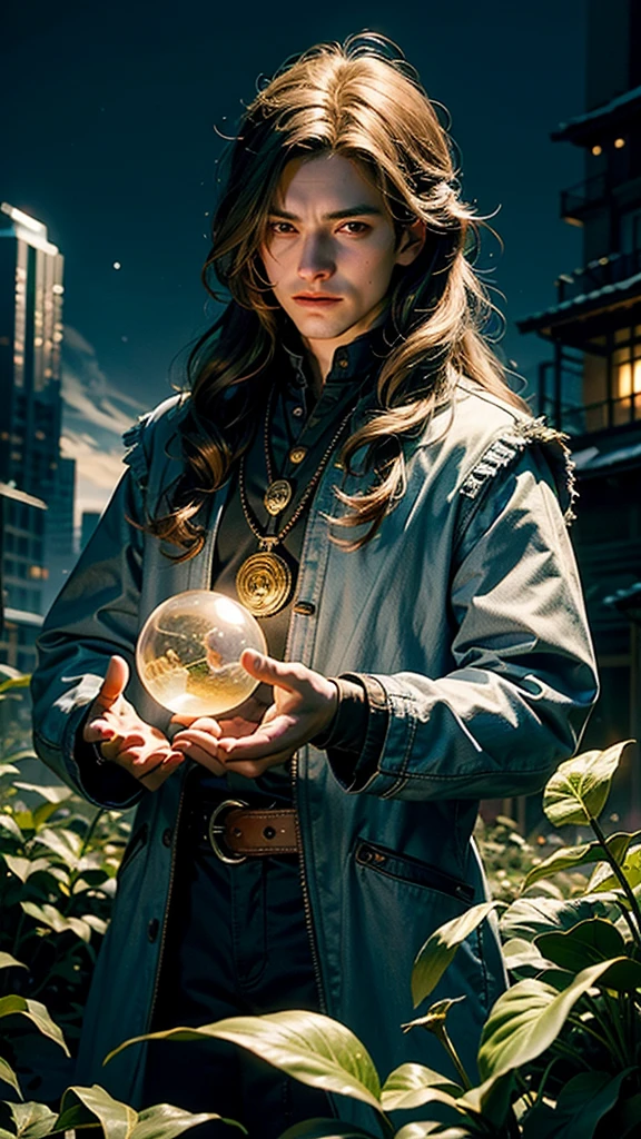 The Man Who Is Magical Ginny, 28 year old, The long-haired, Hold out a glowing orb, With lighting bolts from his fingers, Spring garden in the background, Daylight, The mood is working, resolute, convenient, Intelligent, Character Design.