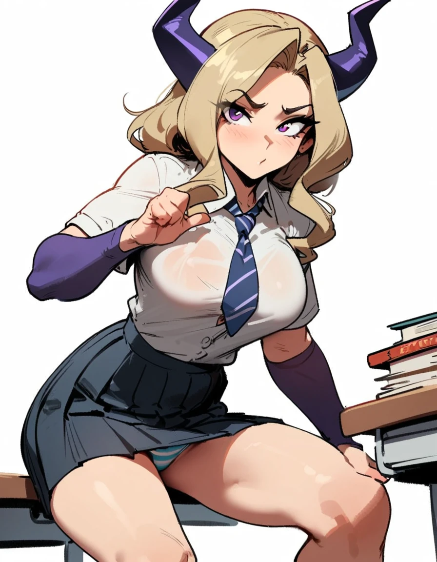 1girl, mount lady, boku no hero academia \\\\\ masterpiece, best quality, very aesthetic, absurdres, newest \\\\\\ sportive body,  \\\\\\  by dodok, nyantcha, cutesexyrobutts, by khyle ///// blonde, purple eyes,  (school uniform:1.2), skirt, , 24 years old, white background,tie,sit on desk, , striped panties